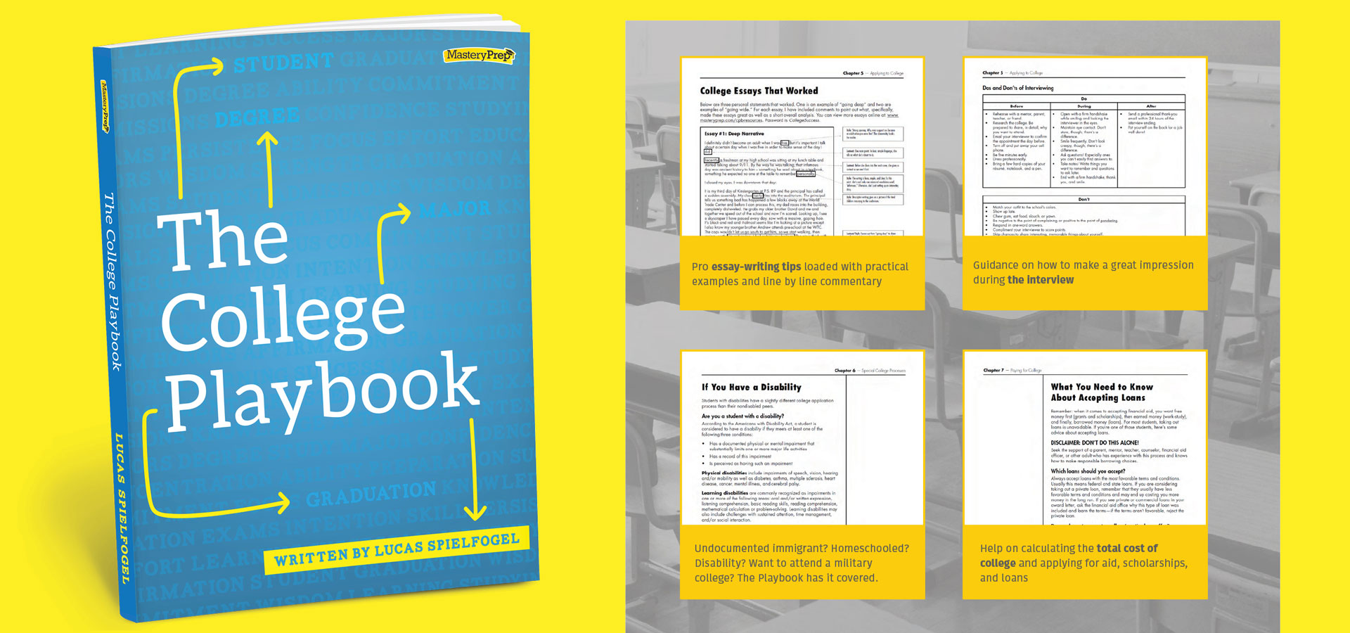 Screenshot of the book cover of The College Playbook and screenshots of some interior pages