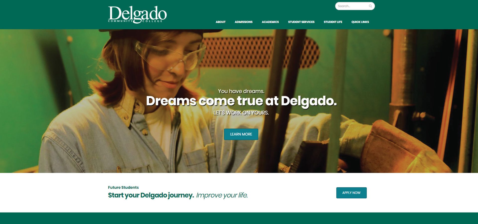 Screenshot of the Delgado Community College index page in summer 2018