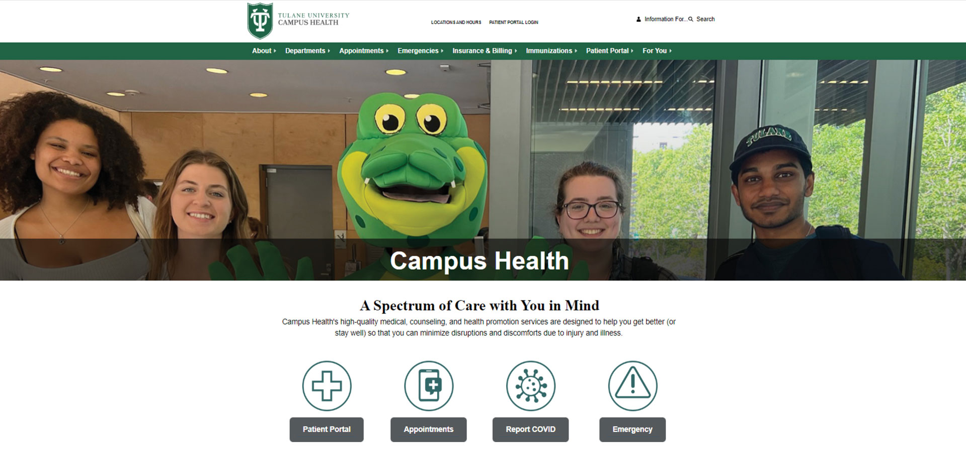 Screenshot of the Tulane Campus Health index page in summer 2022